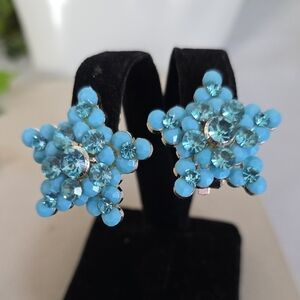 Silver and Aqua Blue Star Shape Clip On Earrings